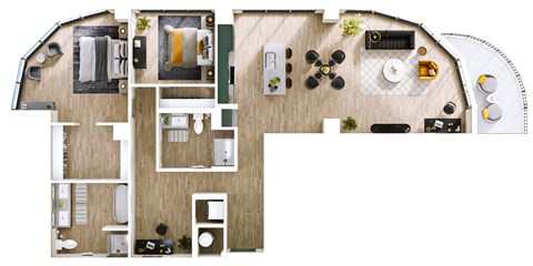 Floor plan for 2 beds, 2 baths